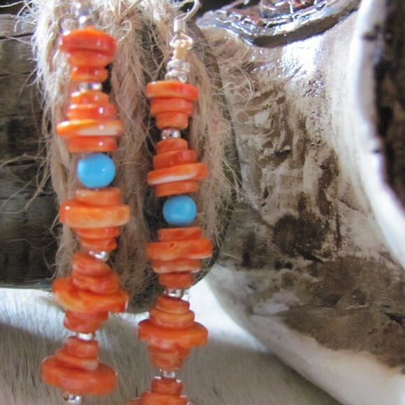 ZUNI HAND MADE SPINY OYSTER & SLEEPING BEAUTY TURQUOISE EARRINGS - Picture 3 of 16